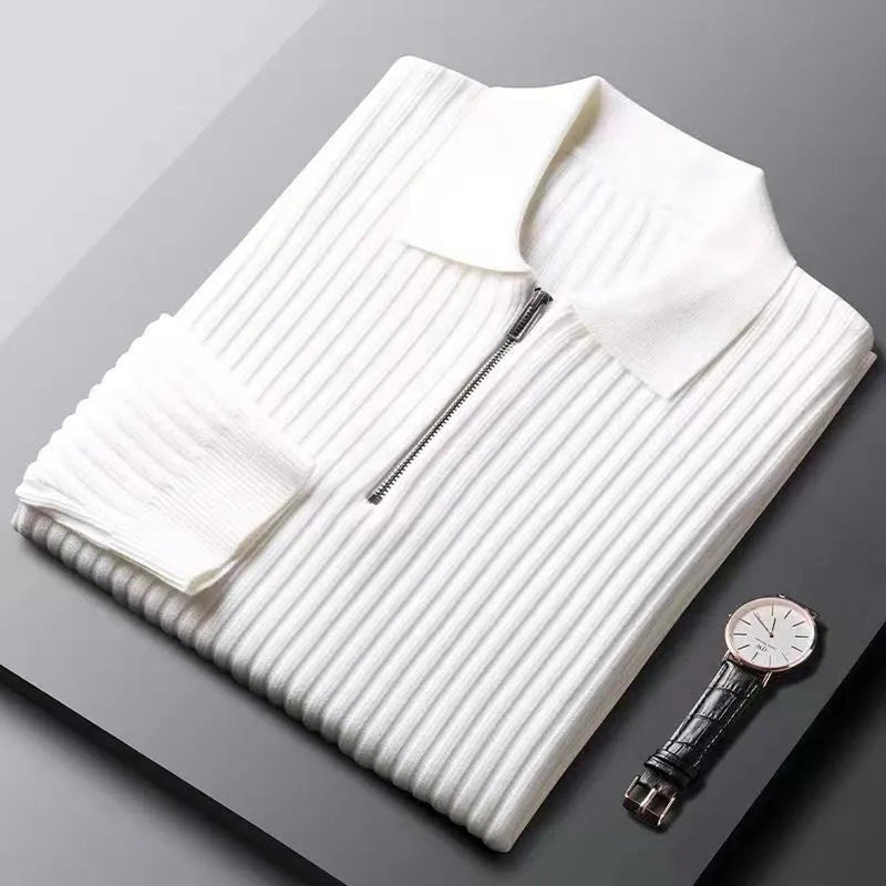 Ribbed Wool Blend Half-Zip Polo Sweater