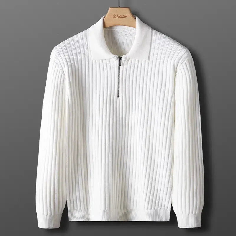 Ribbed Wool Blend Half-Zip Polo Sweater
