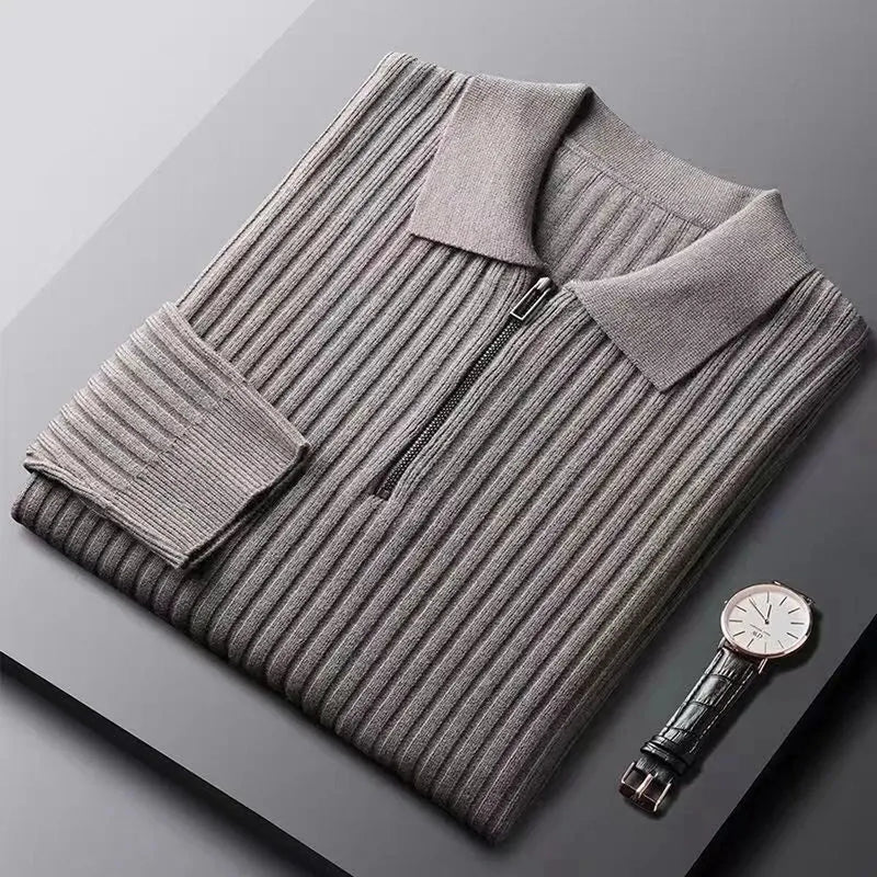 Ribbed Wool Blend Half-Zip Polo Sweater
