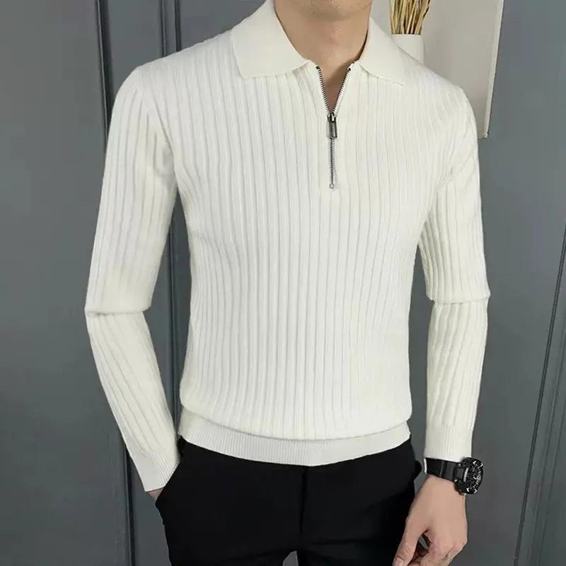 Ribbed Wool Blend Half-Zip Polo Sweater