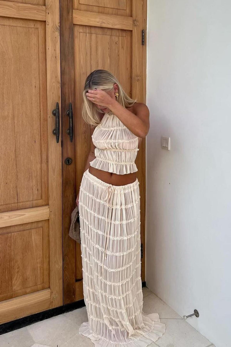 Ruched Sheer Halter Top &amp; Maxi Skirt Co-Ord