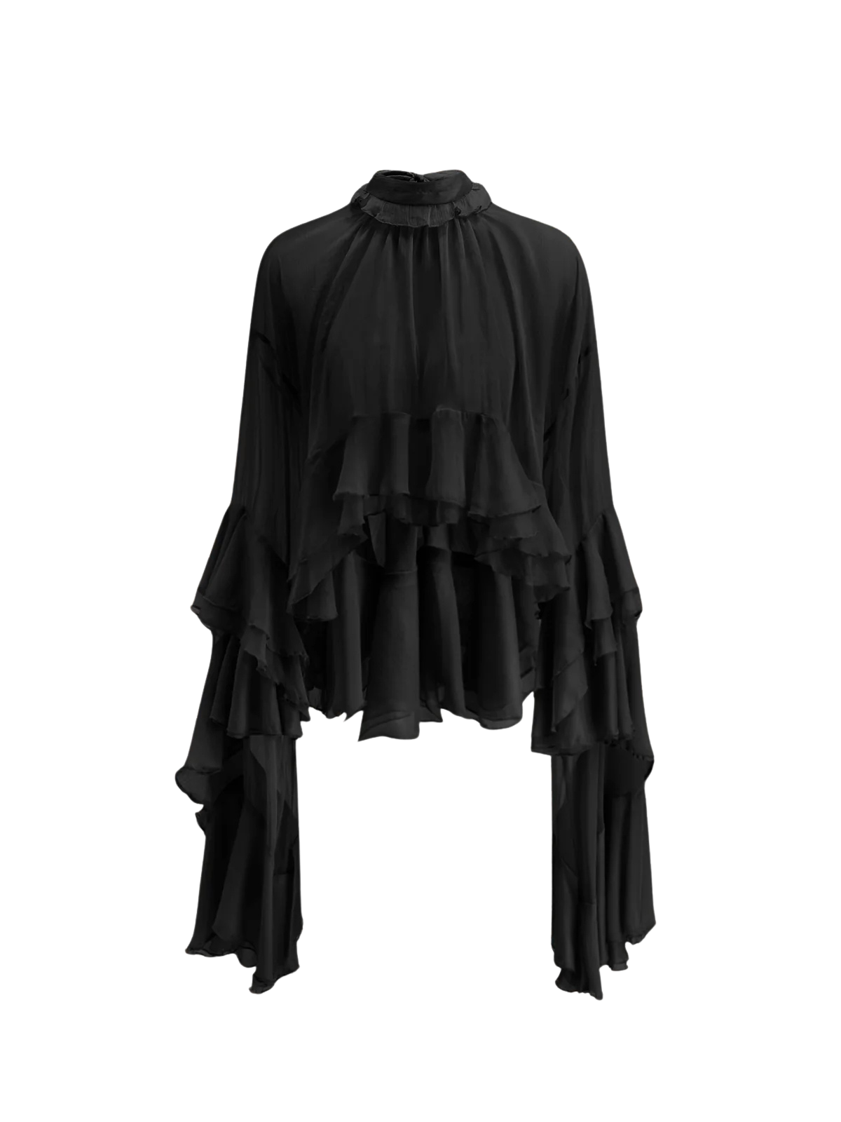 Ruffled Sheer Chiffon Turtleneck Blouse