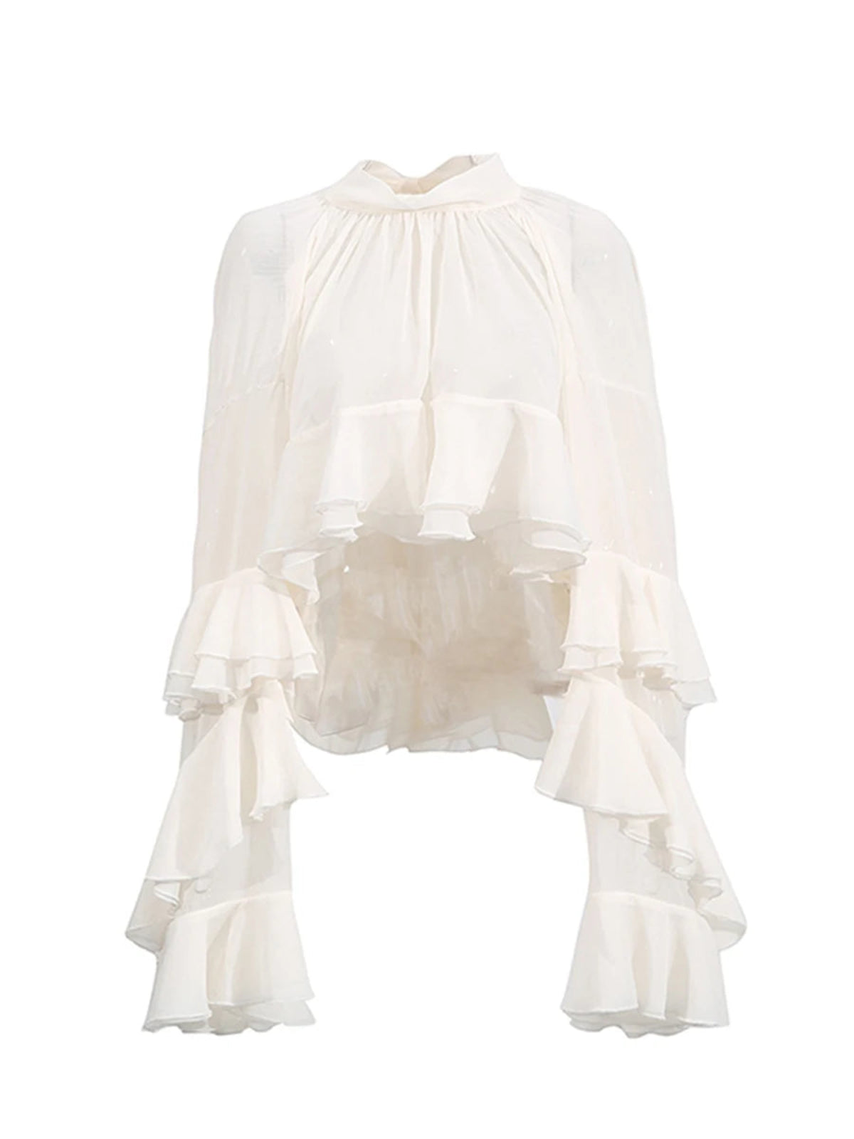 Ruffled Sheer Chiffon Turtleneck Blouse