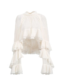 Ruffled Sheer Chiffon Turtleneck Blouse