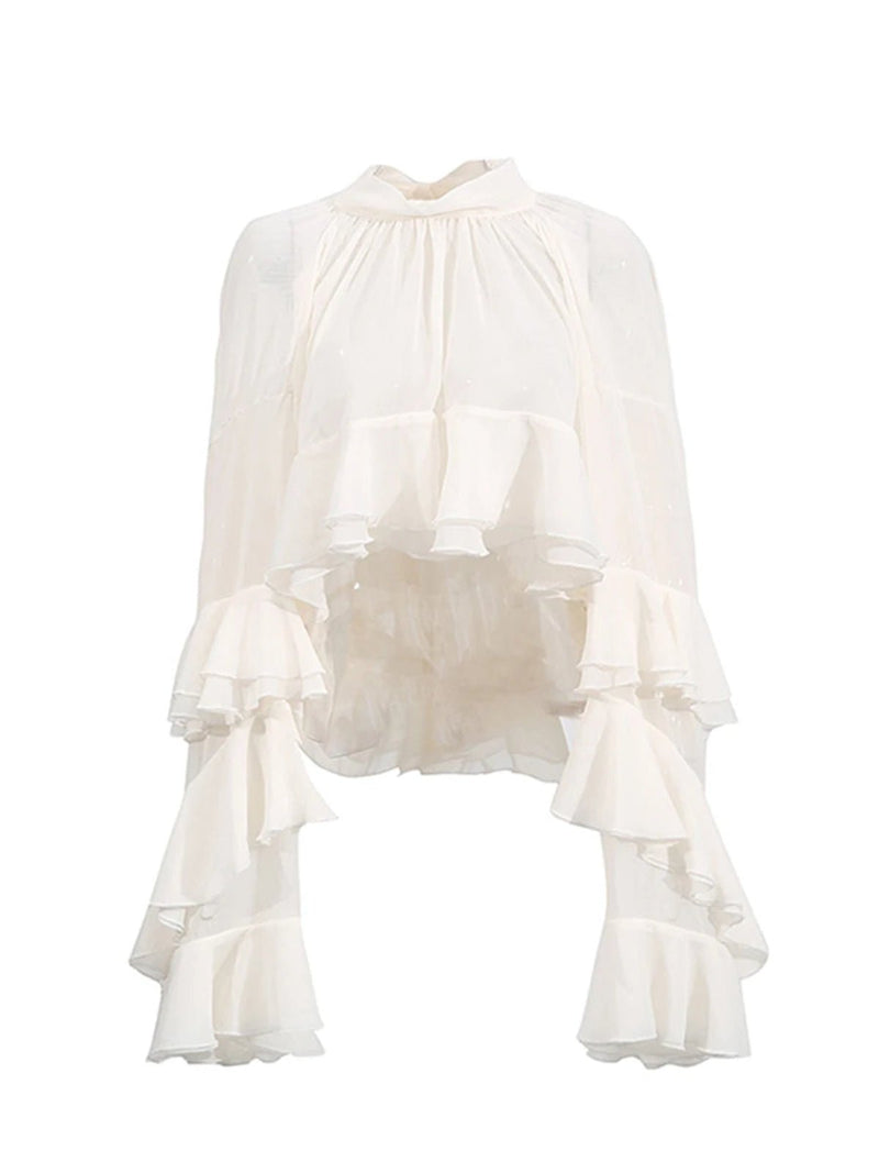 Ruffled Sheer Chiffon Turtleneck Blouse