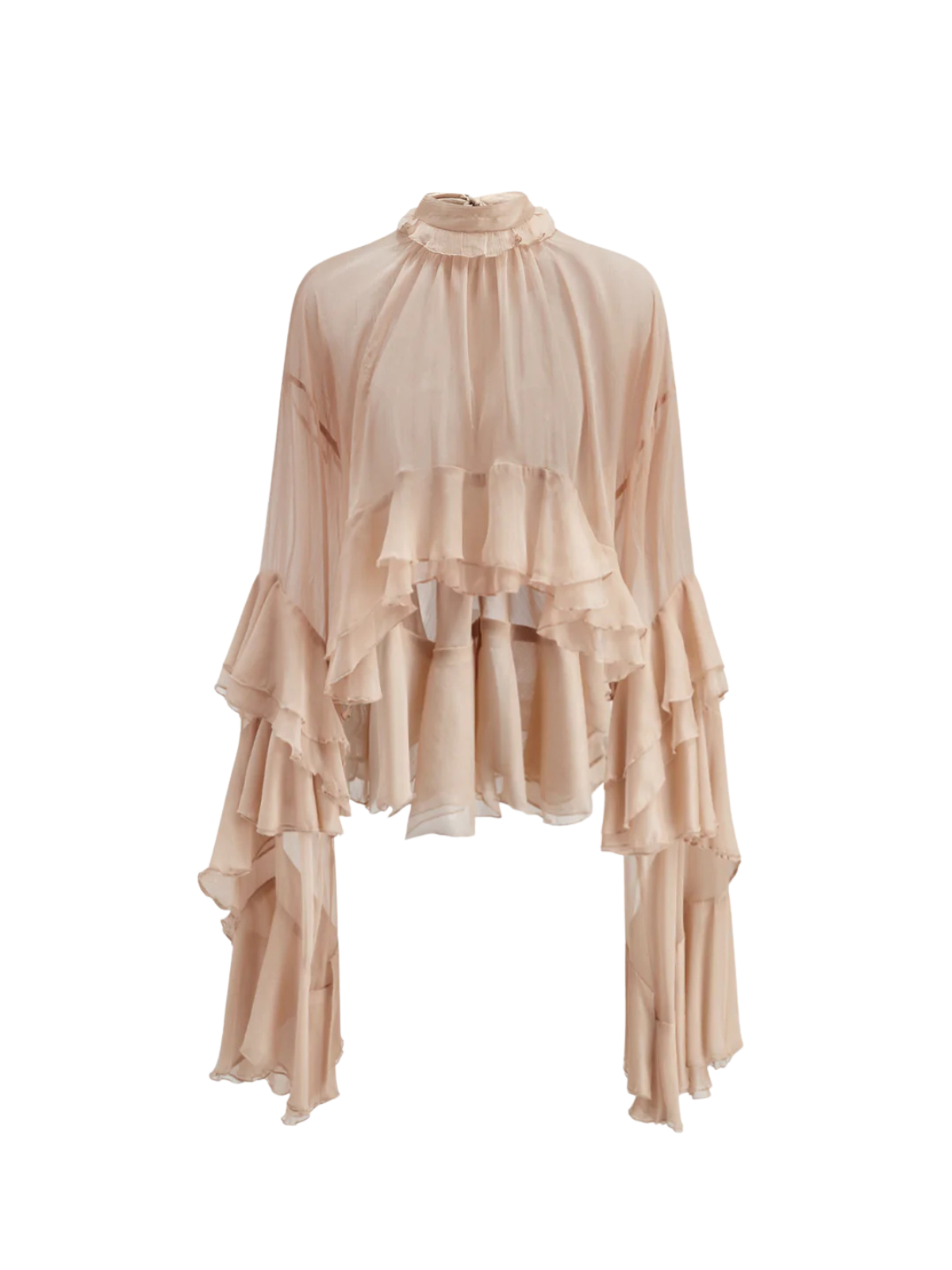 Ruffled Sheer Chiffon Turtleneck Blouse