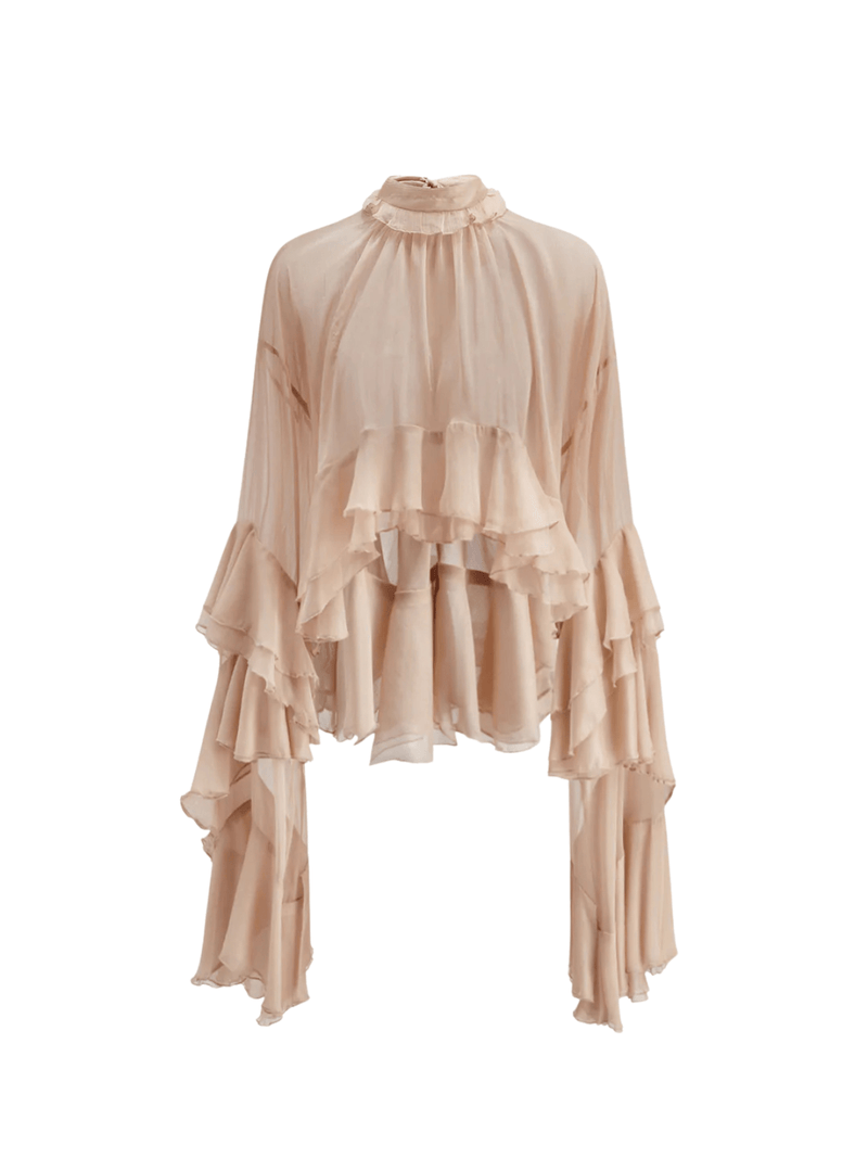 Ruffled Sheer Chiffon Turtleneck Blouse