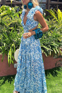 Ruffled Sleeve Cut-Out Waist Floral Maxi Dress