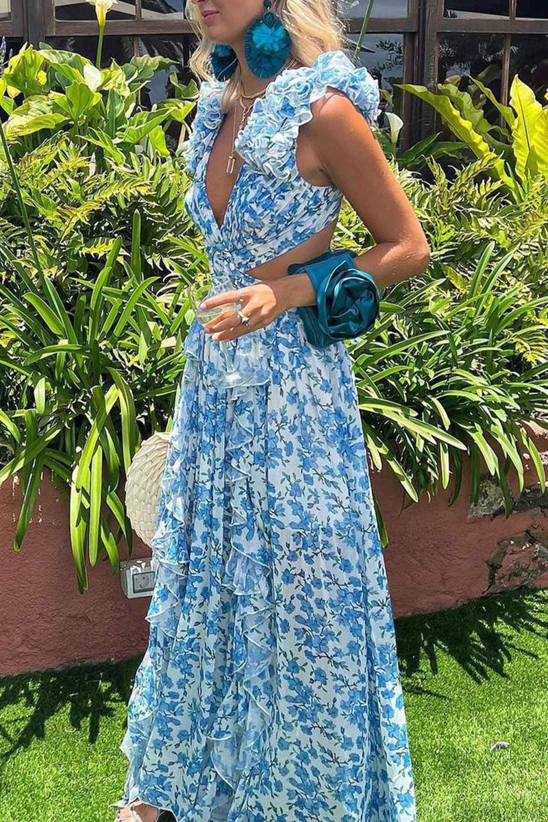 Ruffled Sleeve Cut-Out Waist Floral Maxi Dress