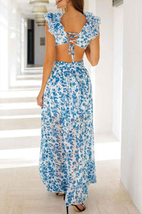 Ruffled Sleeve Cut-Out Waist Floral Maxi Dress