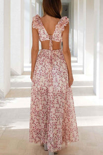 Ruffled Sleeve Cut-Out Waist Floral Maxi Dress