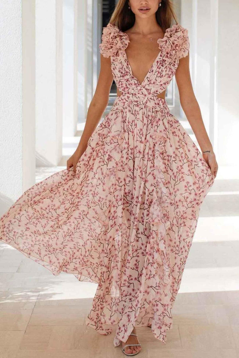 Ruffled Sleeve Cut-Out Waist Floral Maxi Dress