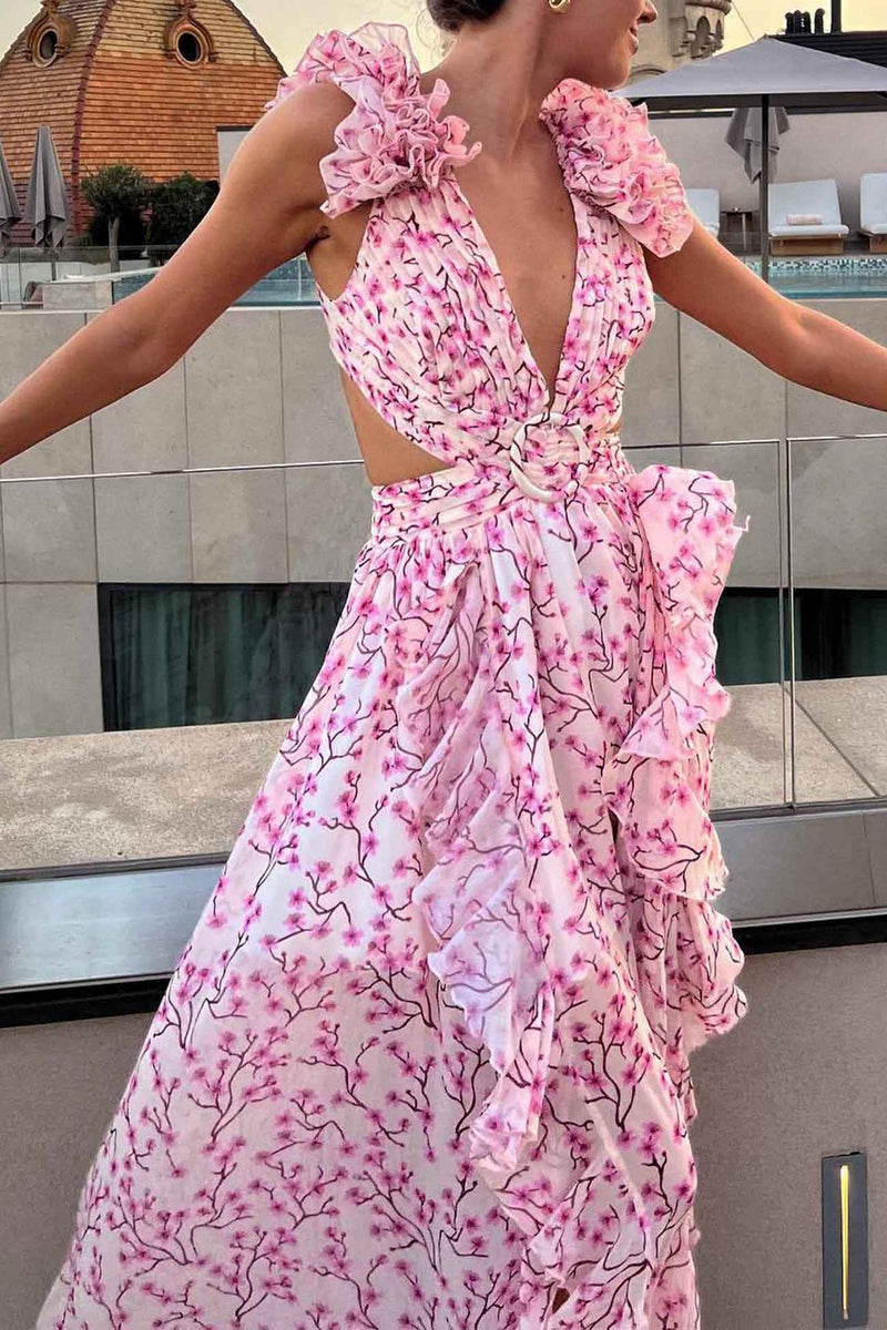 Ruffled Sleeve Cut-Out Waist Floral Maxi Dress