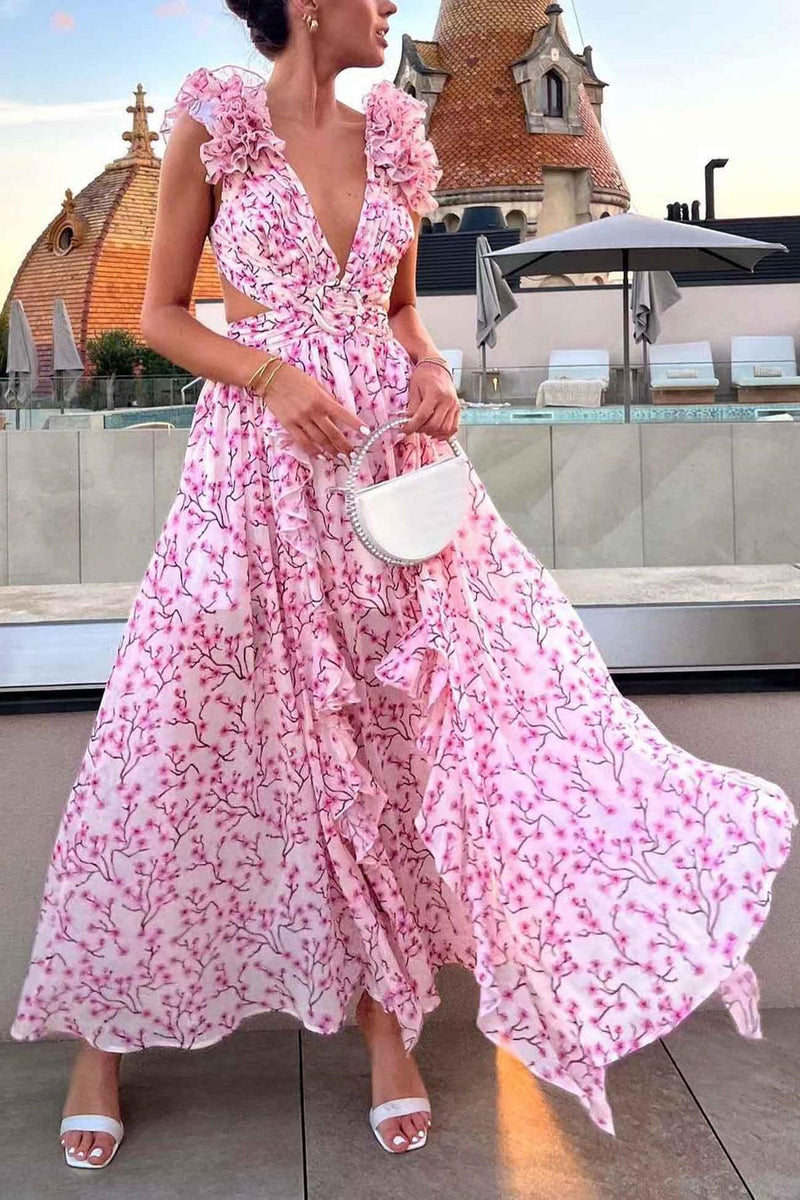 Ruffled Sleeve Cut-Out Waist Floral Maxi Dress