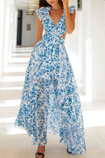 Ruffled Sleeve Cut-Out Waist Floral Maxi Dress