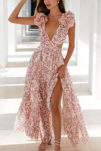 Ruffled Sleeve Cut-Out Waist Floral Maxi Dress
