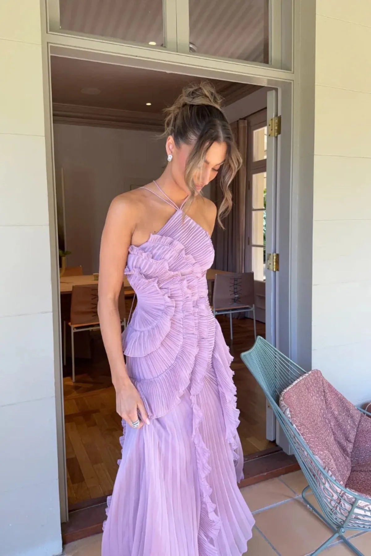 Ruffled Split Backless Halter Maxi Dress