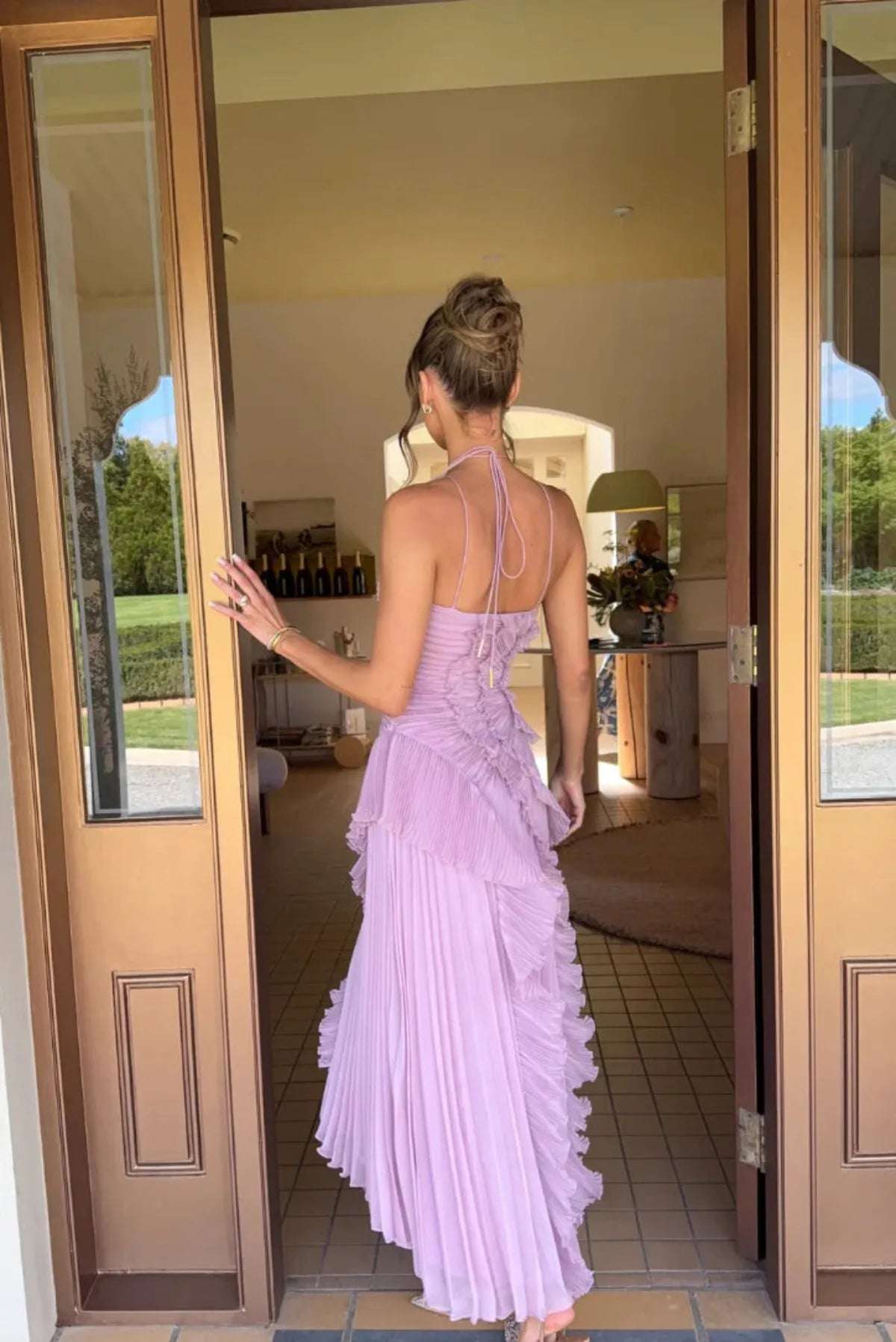 Ruffled Split Backless Halter Maxi Dress