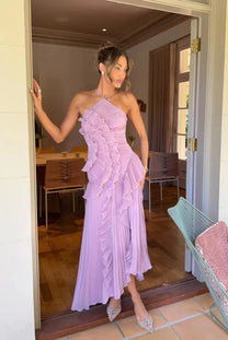 Ruffled Split Backless Halter Maxi Dress