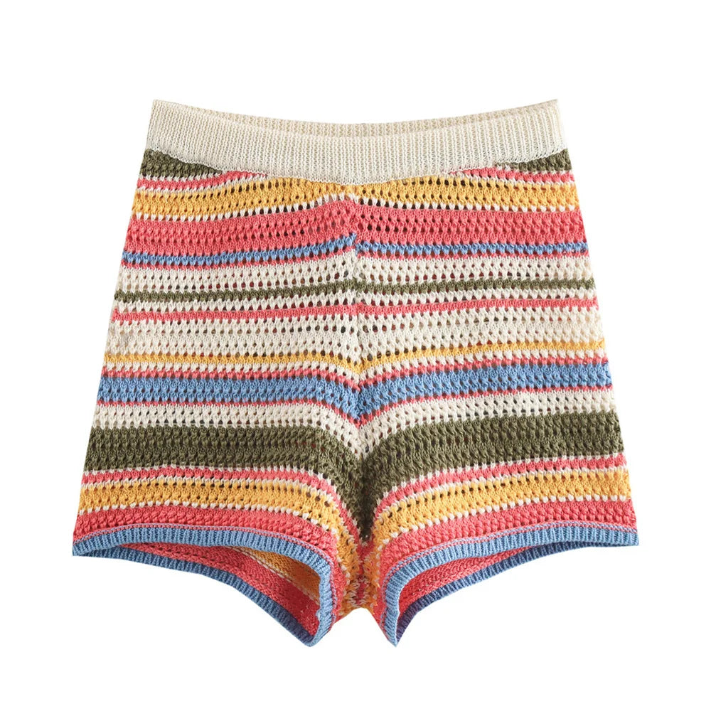 Knitted Striped Collared Cardigan &amp; Shorts Set