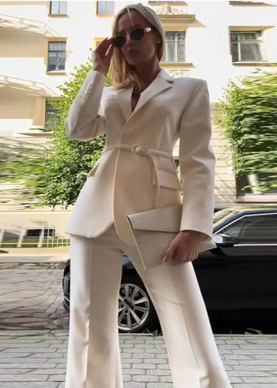 Belted Blazer &amp; Wide-Leg Trouser Suit Set