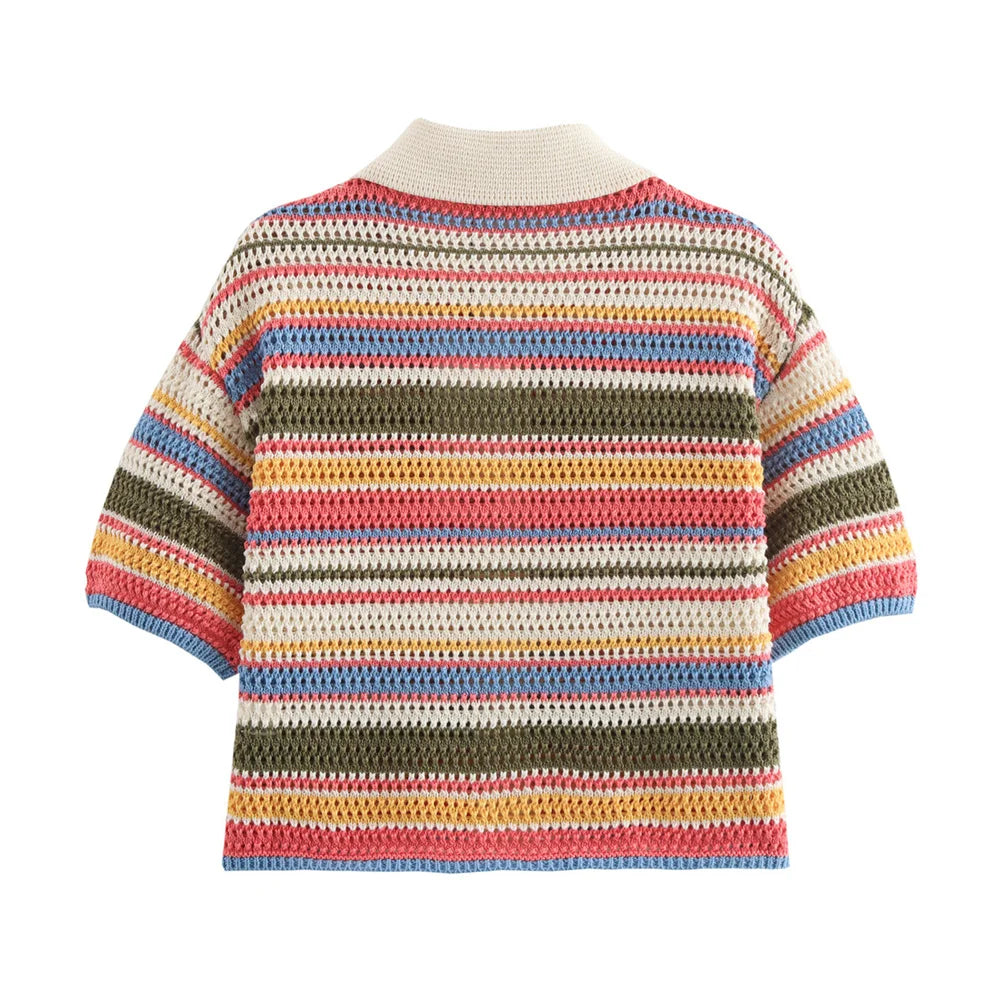 Knitted Striped Collared Cardigan &amp; Shorts Set