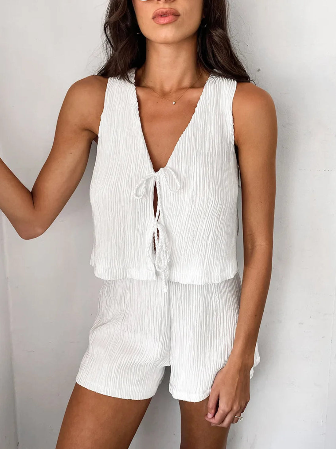 White Bubble Crepe Sleeveless Vest &amp; Shorts Set