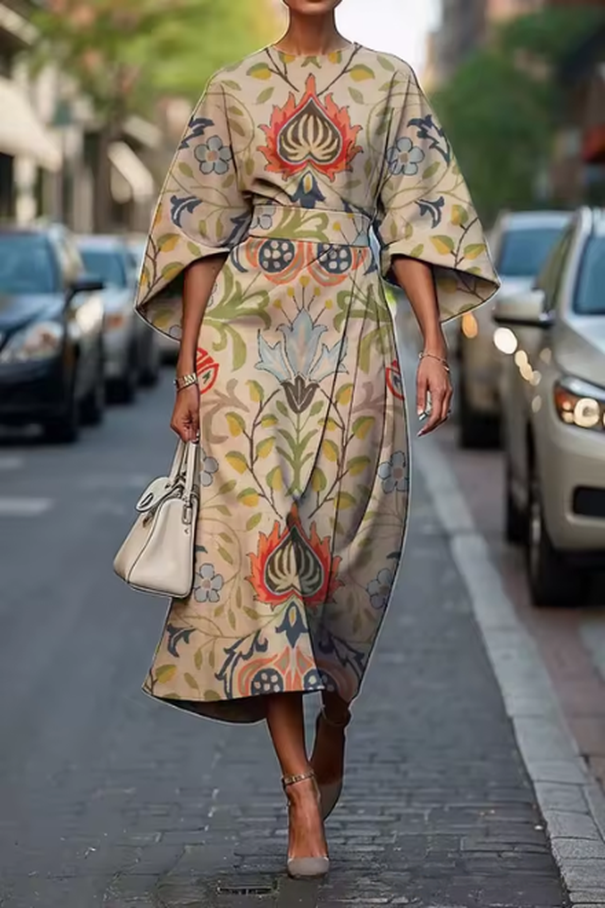 Satin Geometric Print A-Line Midi Dress