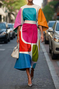 Satin Geometric Print A-Line Midi Dress