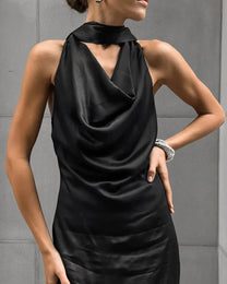Satin Halter Maxi Dress with Scarf Detail