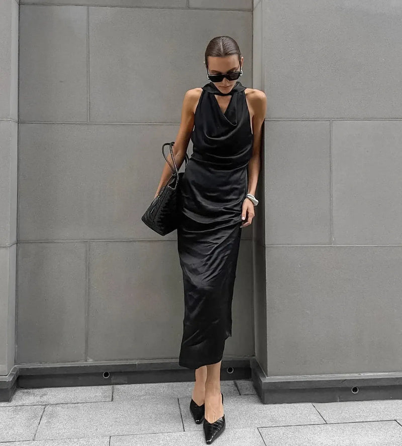 Satin Halter Maxi Dress with Scarf Detail