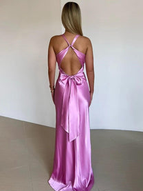 Satin Halter Neck Sleeveless Evening Gown
