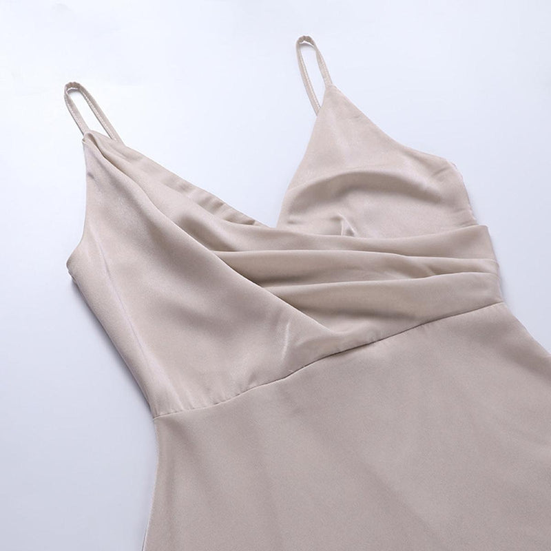 Satin Summer Maxi Dress With Waterfall Neckline And High Slit