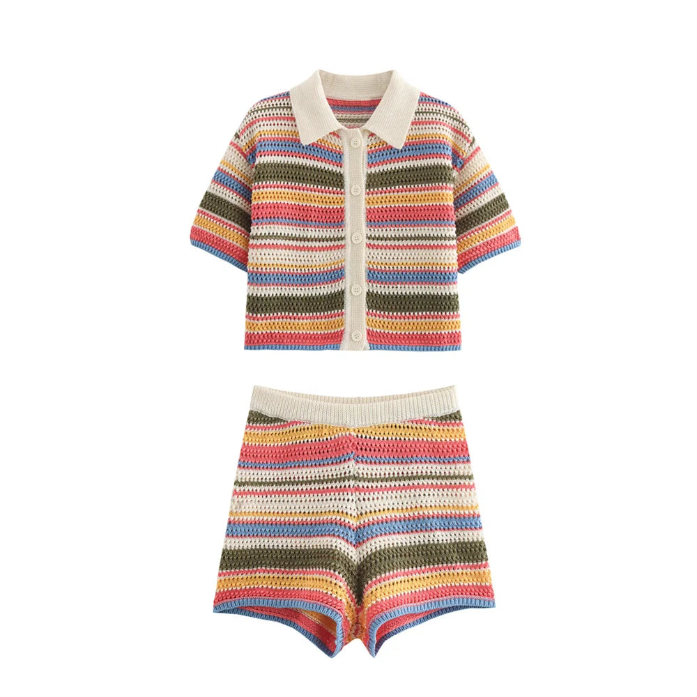 Knitted Striped Collared Cardigan &amp; Shorts Set