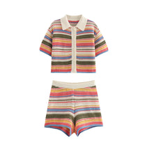 Knitted Striped Collared Cardigan &amp; Shorts Set
