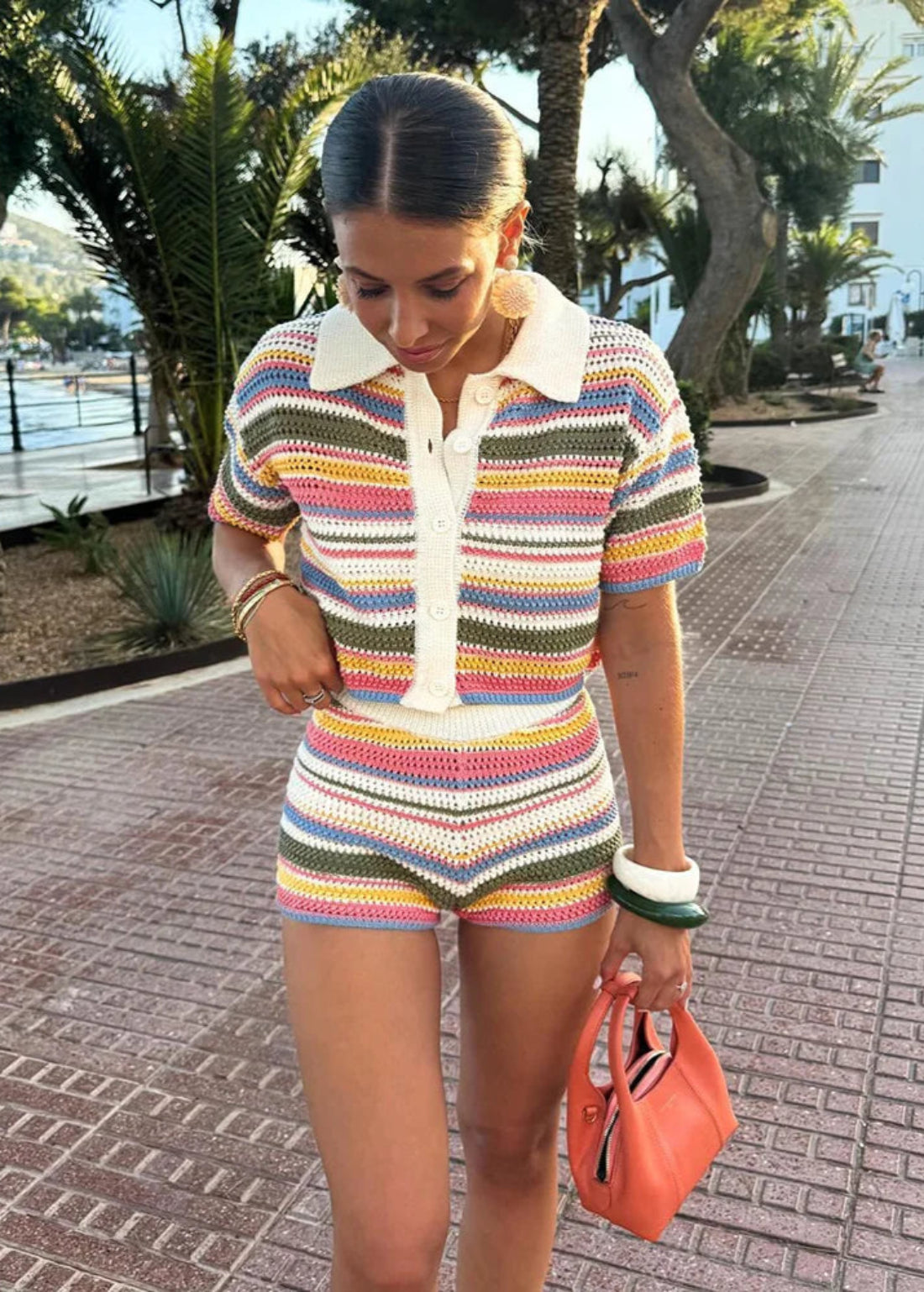 Knitted Striped Collared Cardigan &amp; Shorts Set