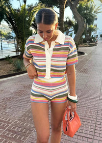 Knitted Striped Collared Cardigan &amp; Shorts Set