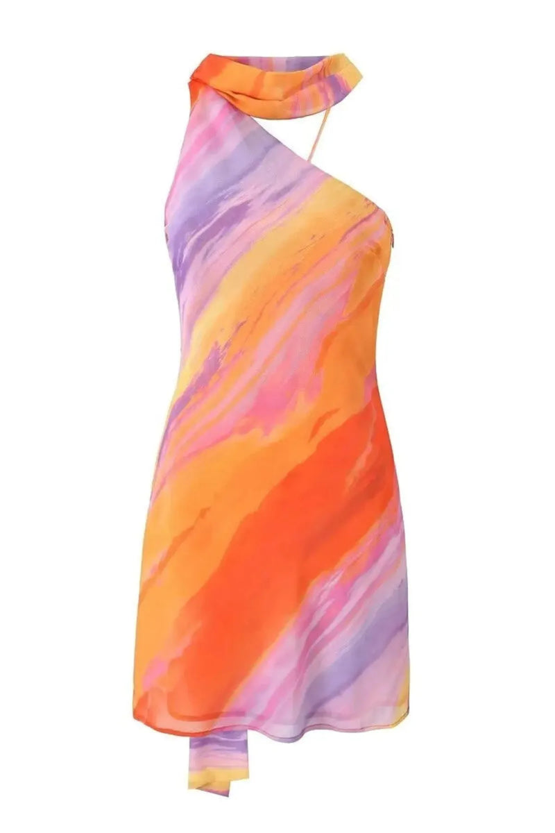 Semi-Sheer Halter Backless Tie Dye Mini Dress