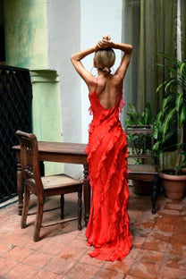 Semi-Sheer Ladder Ruffle Zippered Maxi Dress