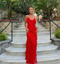 Semi-Sheer Ladder Ruffle Zippered Maxi Dress
