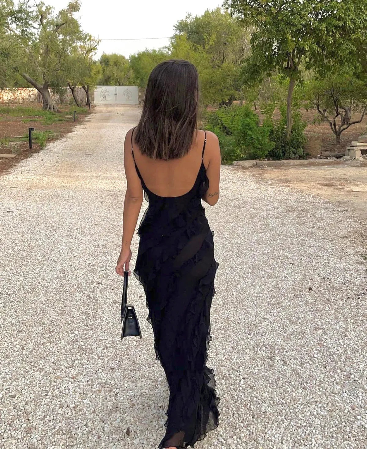 Semi-Sheer Ladder Ruffle Zippered Maxi Dress