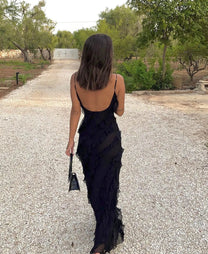 Semi-Sheer Ladder Ruffle Zippered Maxi Dress