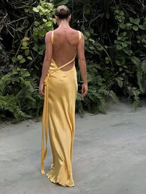 Semi-Sheer Satin Asymmetrical One Shoulder Maxi Dress
