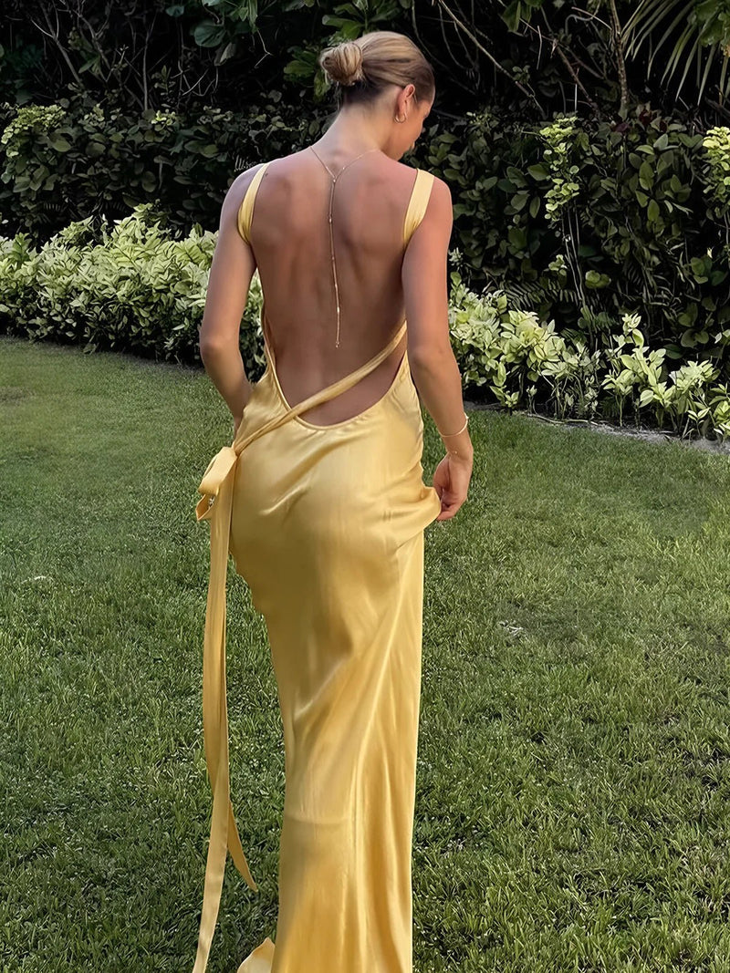 Semi-Sheer Satin Asymmetrical One Shoulder Maxi Dress