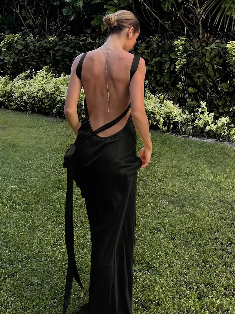 Semi-Sheer Satin Asymmetrical One Shoulder Maxi Dress