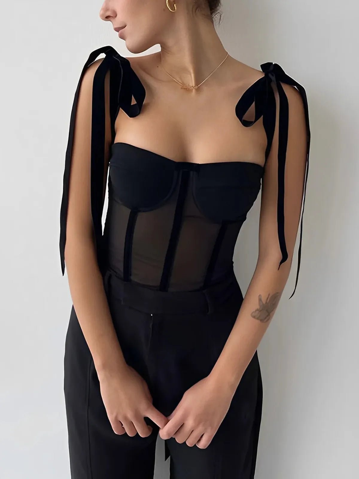 Semi-Sheer Tied Mesh Crop Top