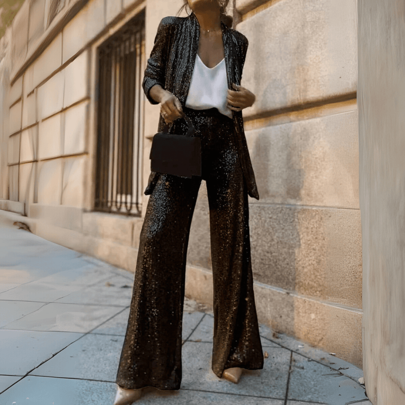 Sequin Cardigan And Wide-Leg Pants Set For Elegant Occasions