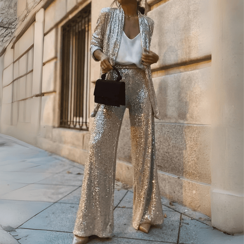 Sequin Cardigan And Wide-Leg Pants Set For Elegant Occasions