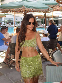 Sequin Fringe Crop Top &amp; Mini Skirt Party Set