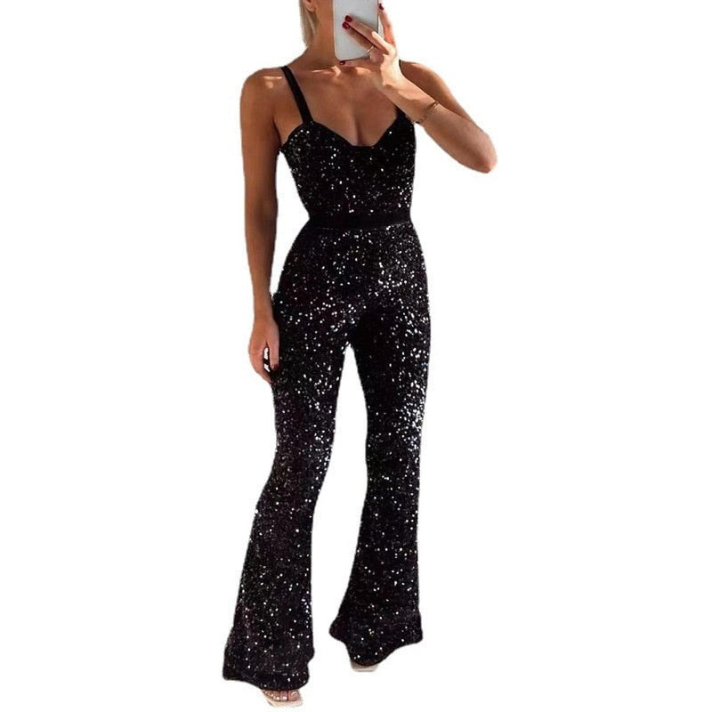 Sequin Jumpsuit With Deep V-Neck And Flared Pants